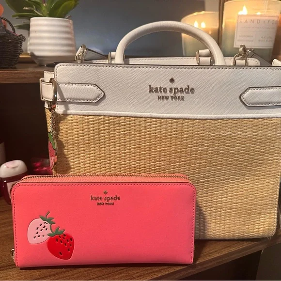 kate spade Bags Kate Spade White And Tan Straw Tote With Pink